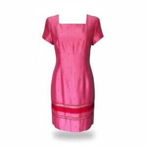 Vintage Jessica Howard Pink Dress Sz10 Square Neck Pad Shoulders Embroidered Hem